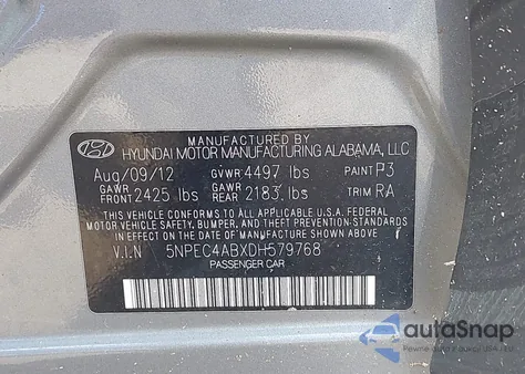 2013 Hyundai Sonata Se 2.0T z USA, uszkodzony, nr VIN 5NPEC4ABXDH579768